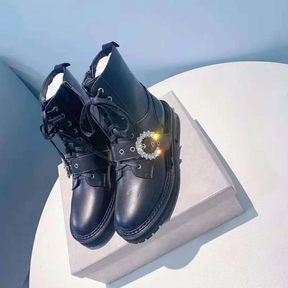 Jimmy Choo Cora Flat/Crystal Black Soft Calf Leather Combat Boots with Crystal Buckle for Women Jimmy Choo Cora Flat/Crystal Black Soft Calf Leather Combat Boots with Crystal Buckle for Women