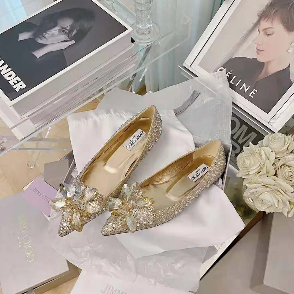 Jimmy Choo Attila Rose Gold Crystal Covered Pointy Toe Flats for Women Jimmy Choo Attila Rose Gold Crystal Covered Pointy Toe Flats for Women