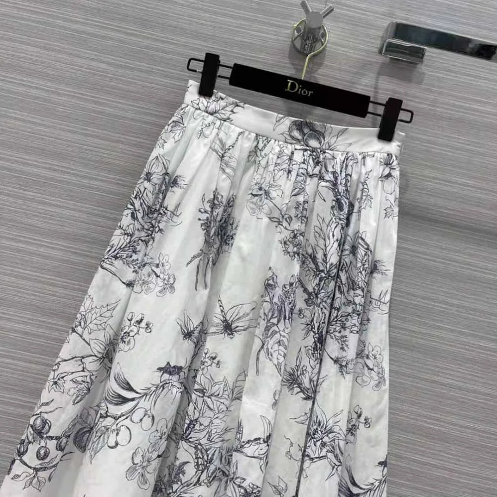Dior Mid-Length Skirt Navy Blue Cotton Muslin with Toile de Jouy Flowers Motif for Women