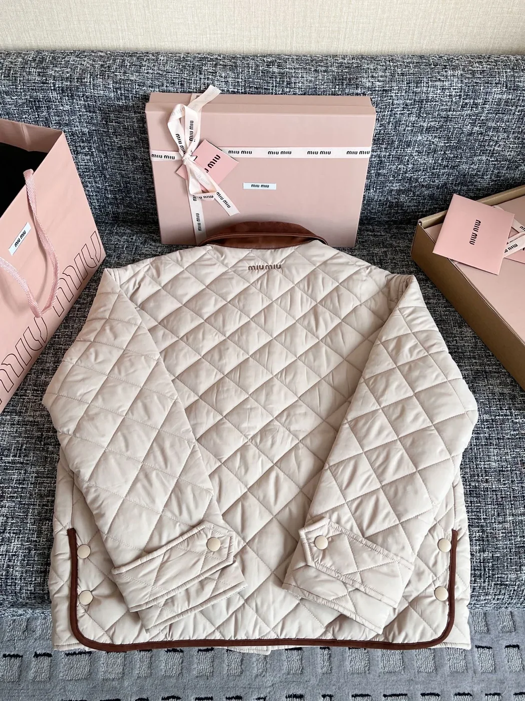 Miu Miu Quilted Jacket With Velvet Collar Beige