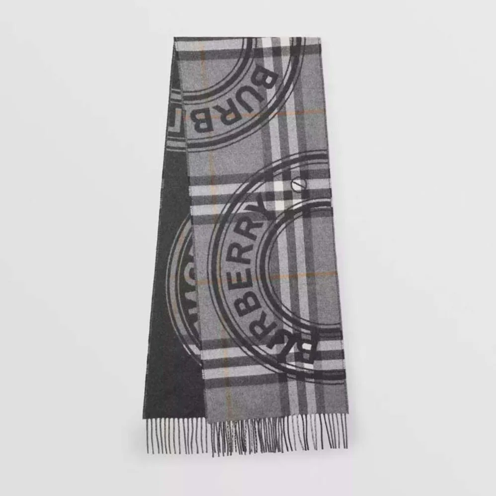 Burberry Montage Print Check Cashmere Scarf for Women in Silver