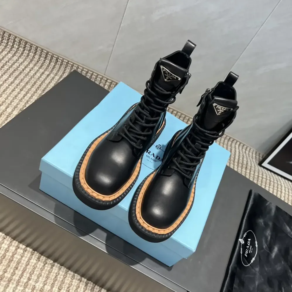 Prada Black Leather Lace-Up zip up Combat Boots for Unisex
