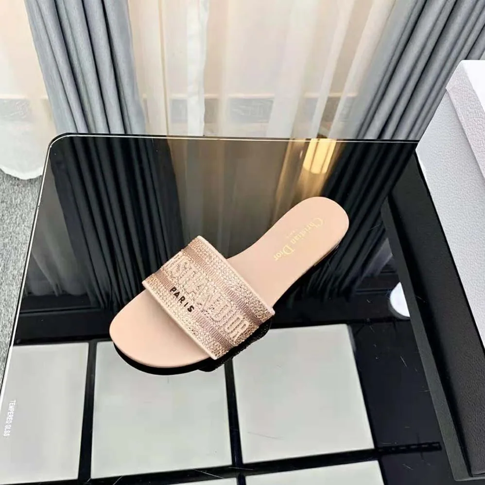 Dior Dway Slide Rose Des Vents Cotton Embroidered with Metallic Thread and Strass for Women
