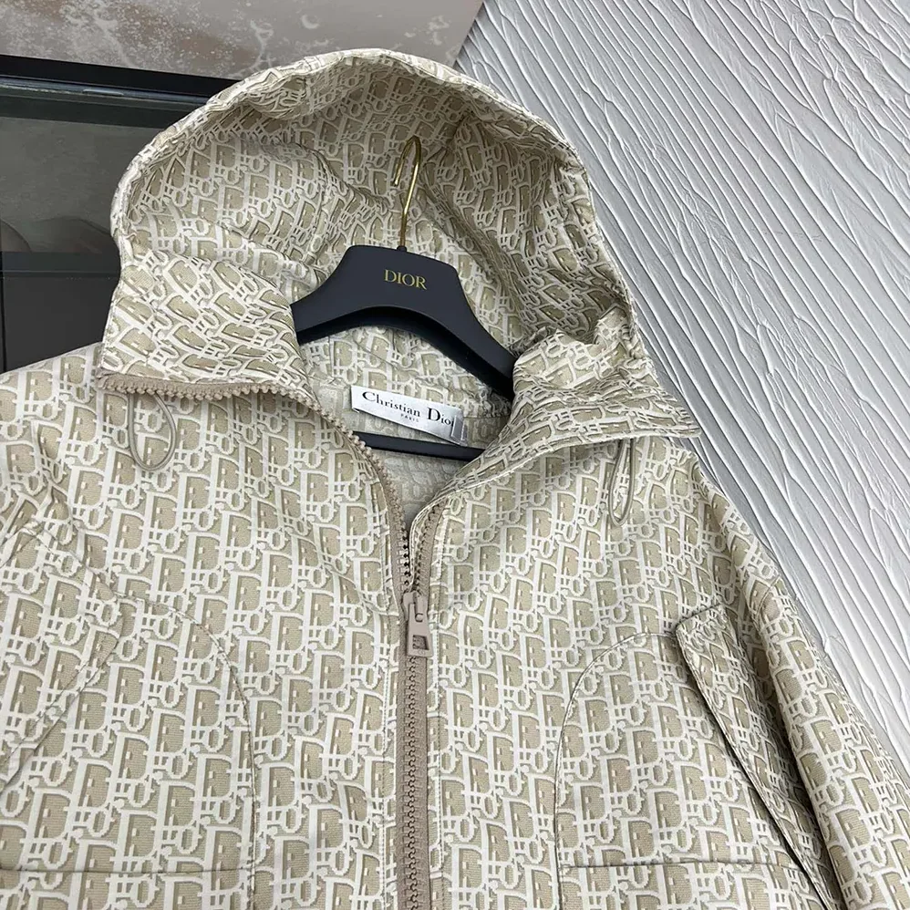 Dior Hooded Jacket Beige Technical Jacquard Taffeta with Dior Oblique Motif for Women