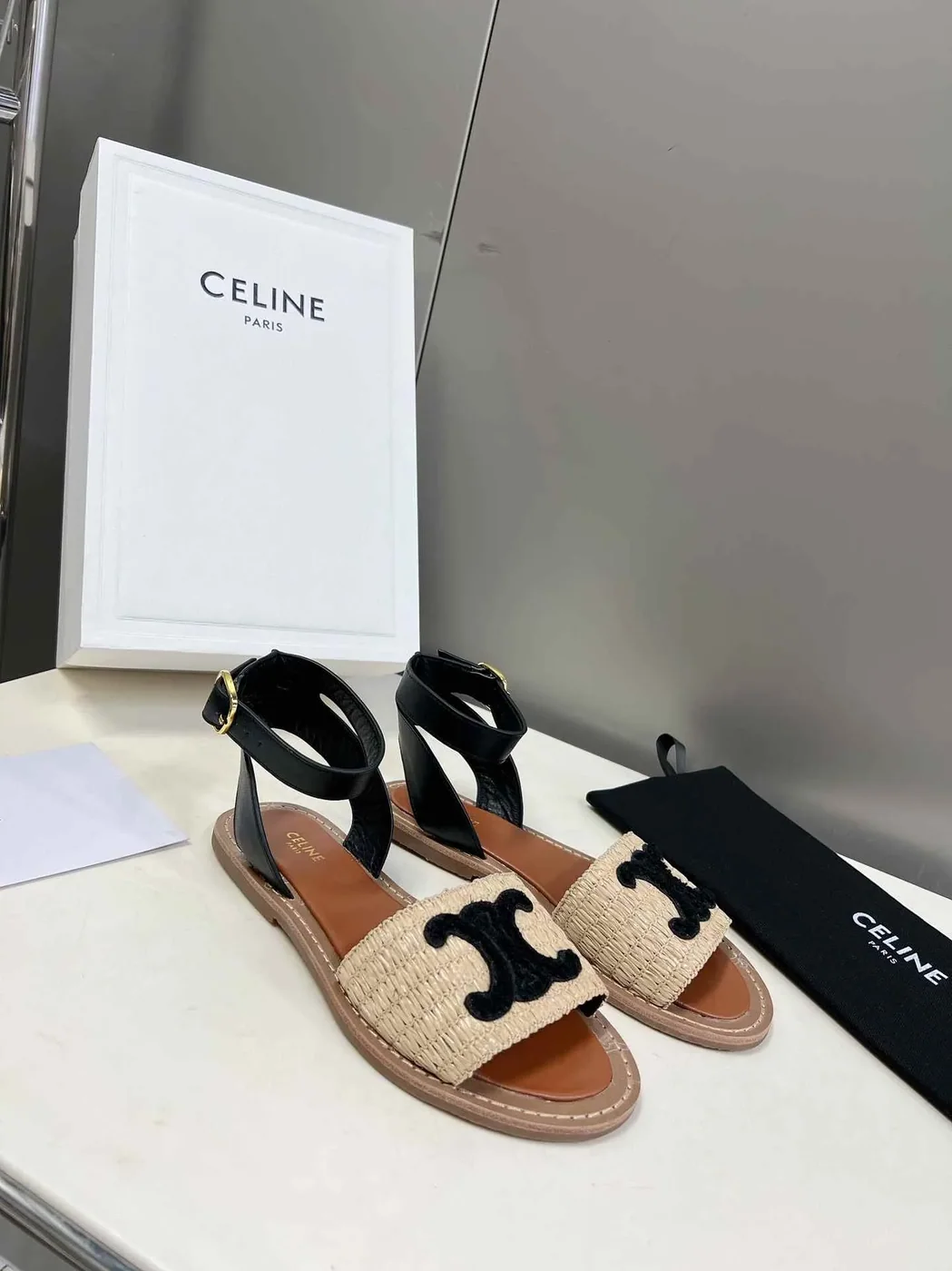 Celine Lympia Flat Strap Sandal In Raffia Black .02BL Celine Lympia Flat Strap Sandal In Raffia Black .02BL