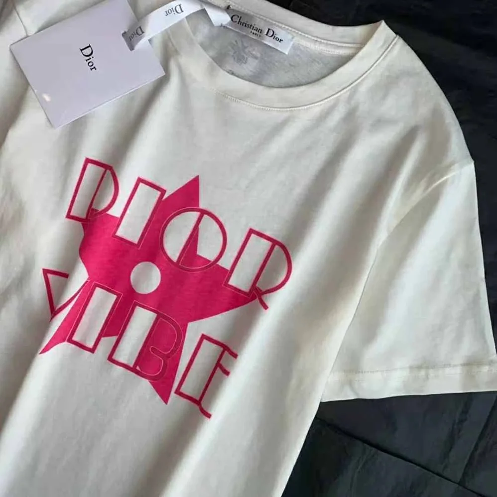 Dior Vibe T-shirt Ecru and Fluorescent Pink Cotton and Linen Jersey for Women
