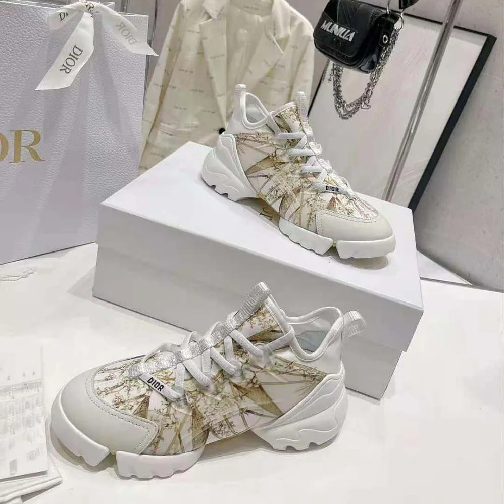 Dior D-Connect Sneaker White and Gold-Tone Technical Fabric with Rêve D'Infini Print for Women