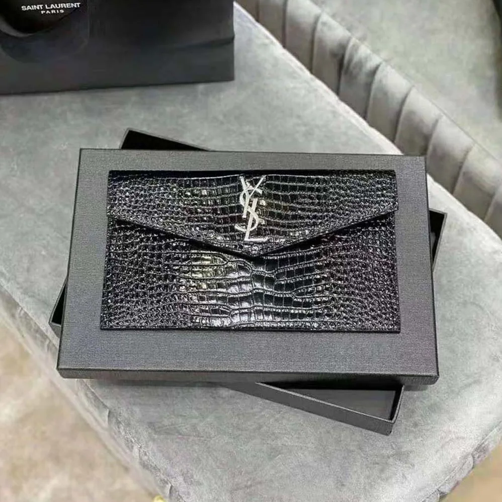 Saint Laurent YSL Uptown Pouch in Crocodile Embossed Shiny Leather for Women in Silver