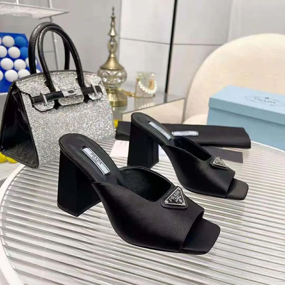 Prada High-Heeled Satin Slides for Women in Black Prada High-Heeled Satin Slides for Women in Black