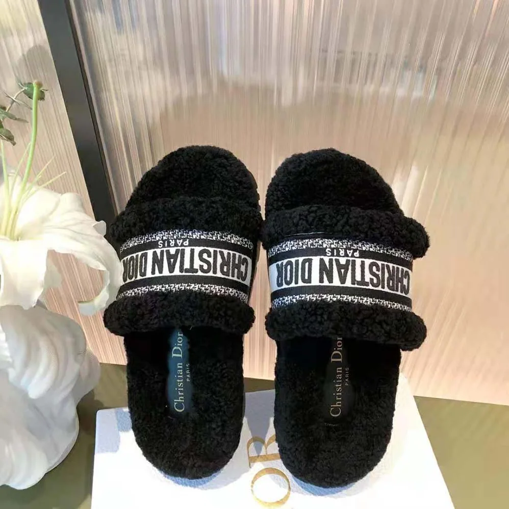 Dior Dway Slide Black Embroidered Cotton and Shearling for Women Dior Dway Slide Black Embroidered Cotton and Shearling for Women