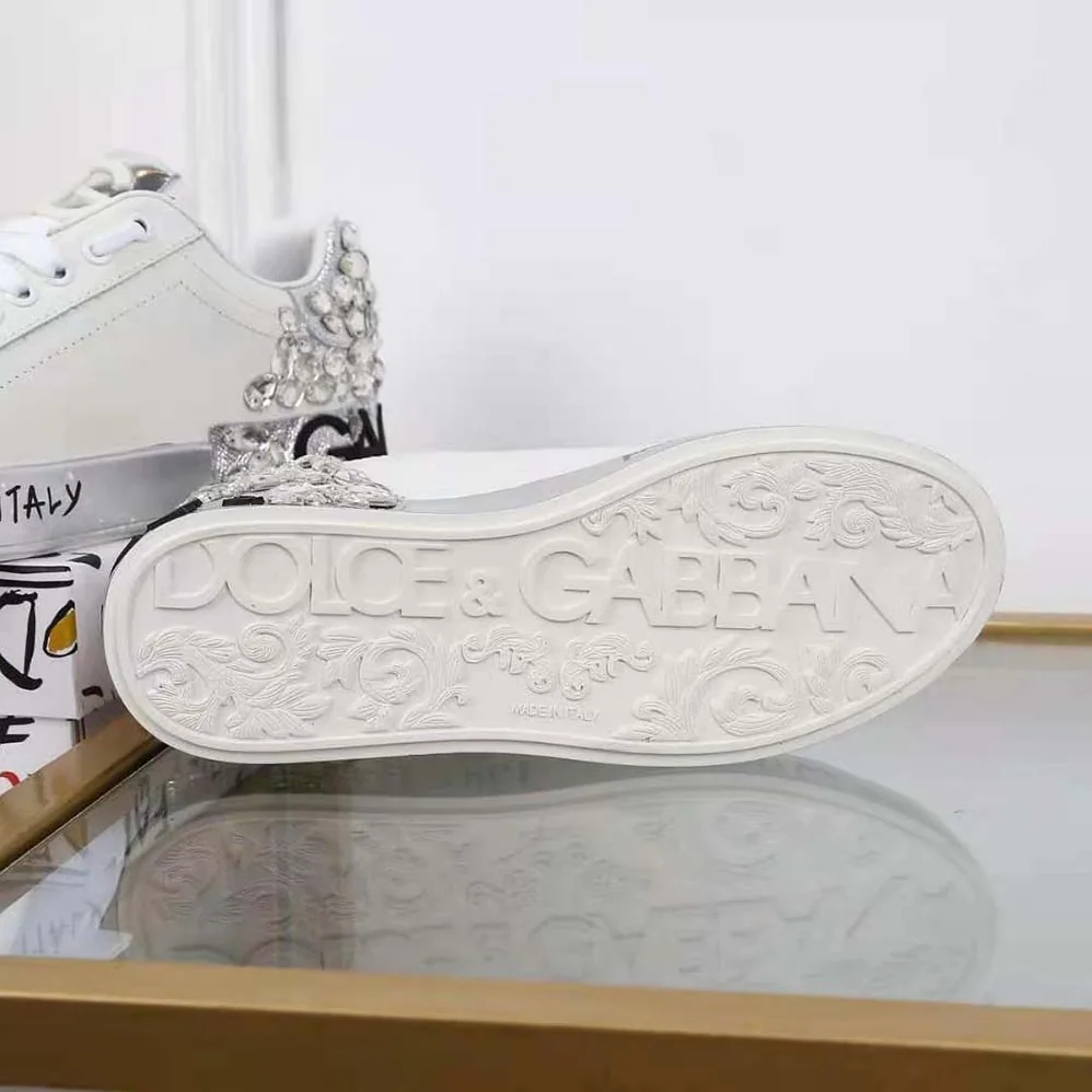 Dolce Gabbana D&G Printed Calfskin Nappa Portofino Sneakers with DG Logo and Embroidery for Men in Silver