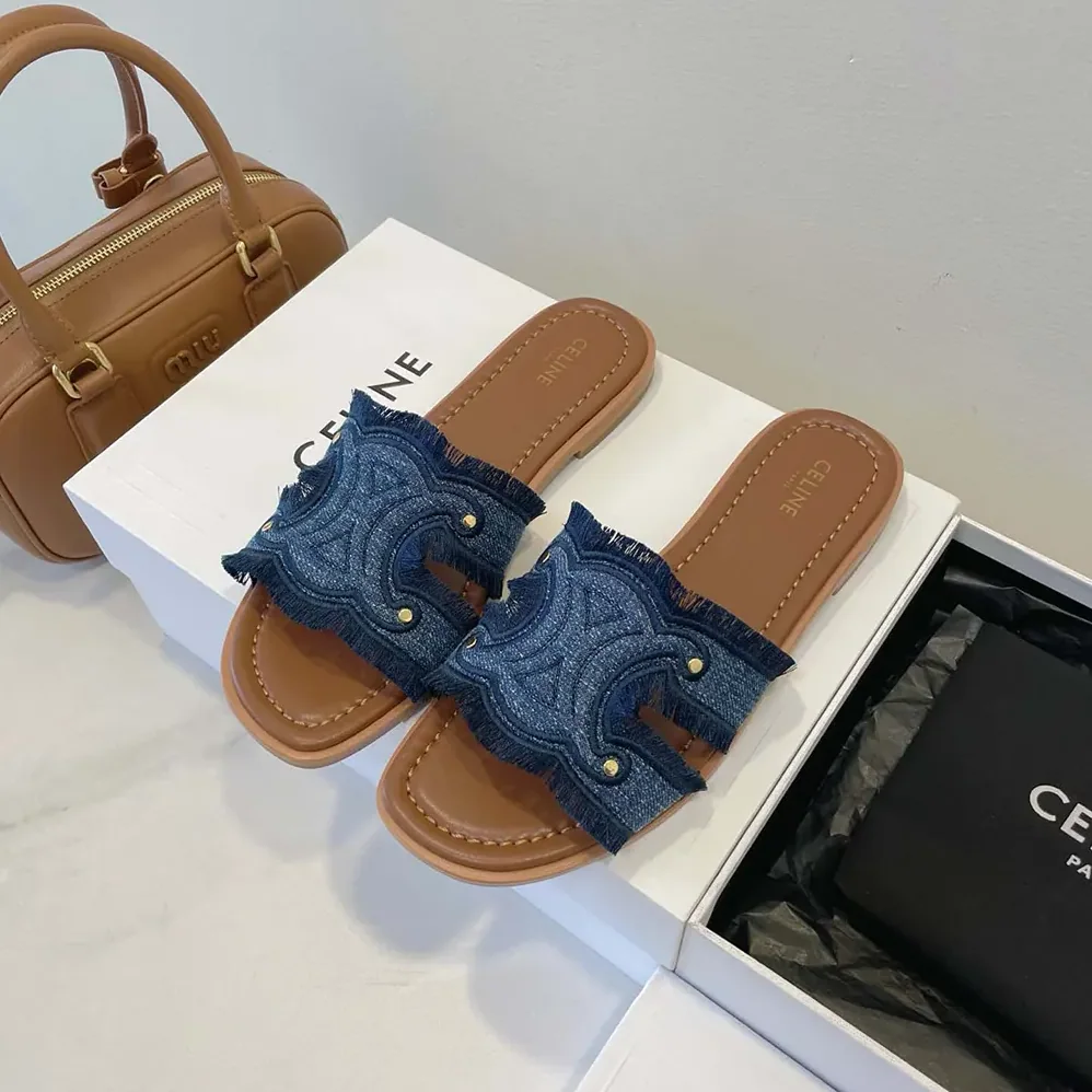 Celine Marina Fringed Mule in Denim for Women in Navy Celine Marina Fringed Mule in Denim for Women in Navy