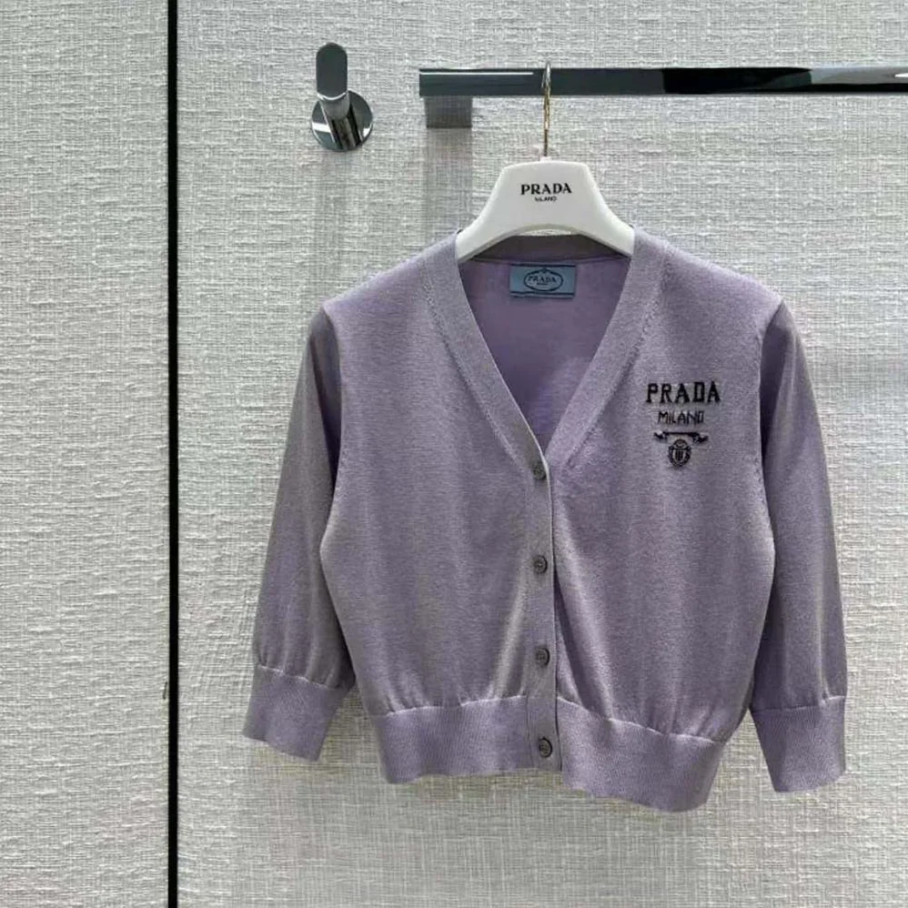 Prada Cropped Lurex Cardigan with Intarsia Logo for Women in Purple