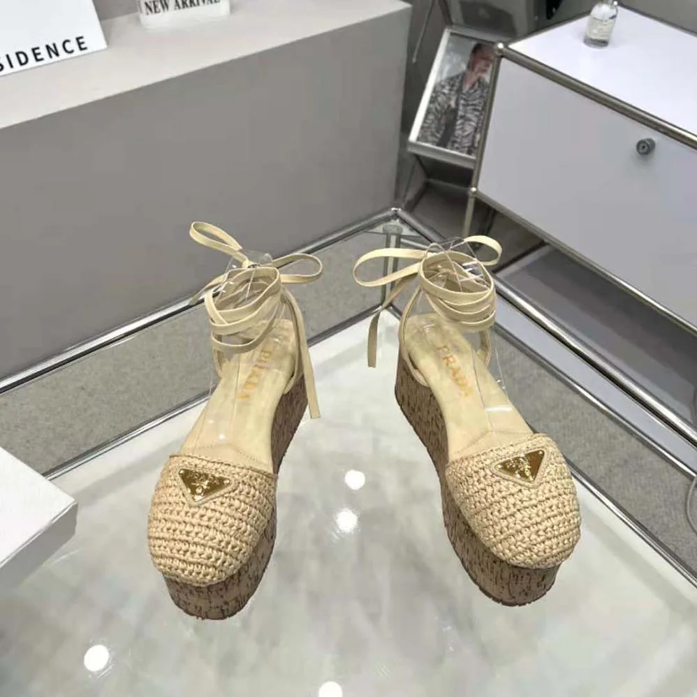 Prada Crochet Wedge Sandals with Enameled Metal Triangle Logo for Women in Beige Prada Crochet Wedge Sandals with Enameled Metal Triangle Logo for Women in Beige