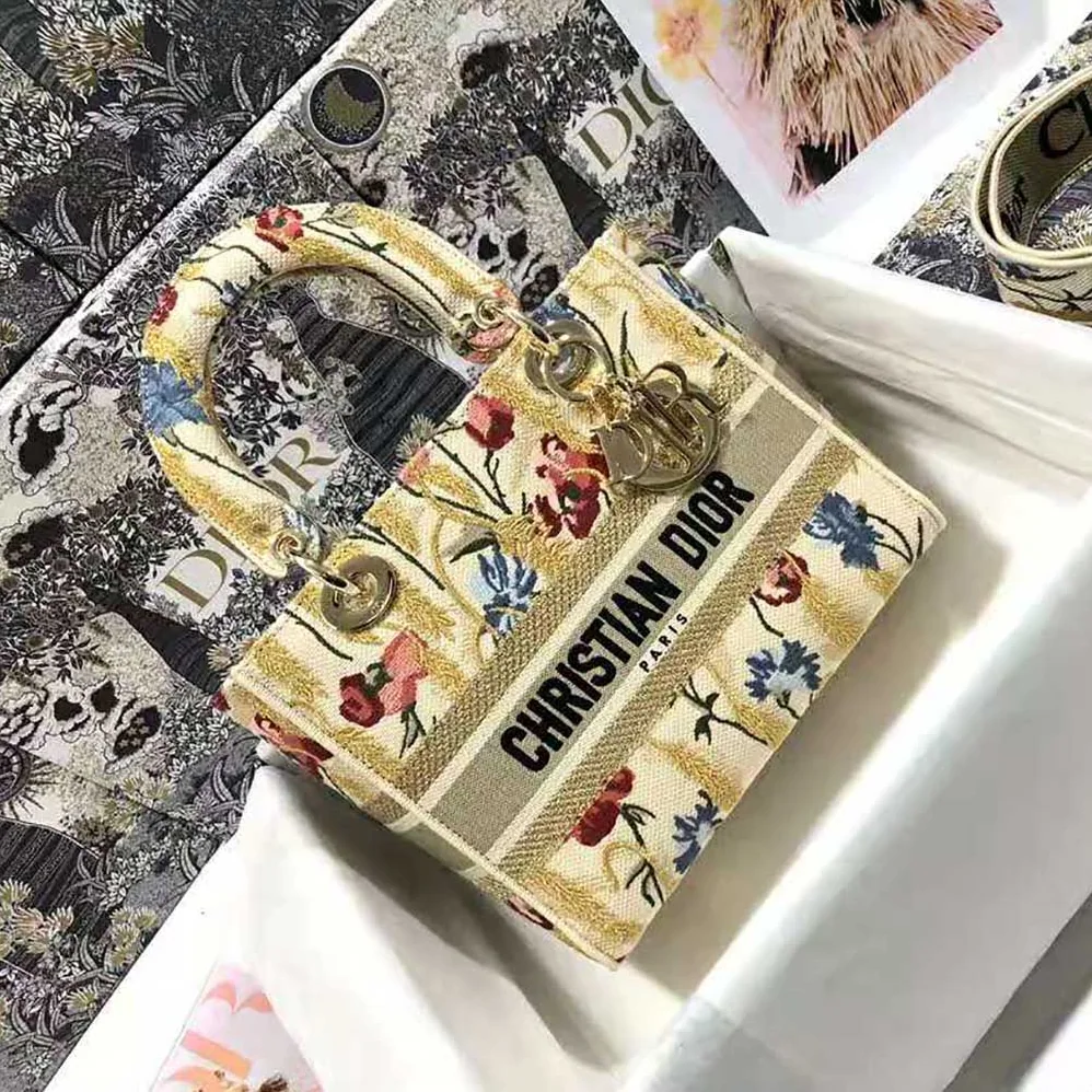 Dior Medium Lady D-lite Bag Beige Multicolor Dior Hibiscus Metallic Thread Embroidery for Women