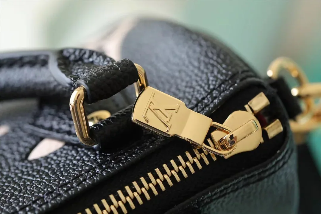 Louis Vuitton Nano Speedy Top Handle Bag / Black/ Beige Monogram Empreinte Gold Hardware
