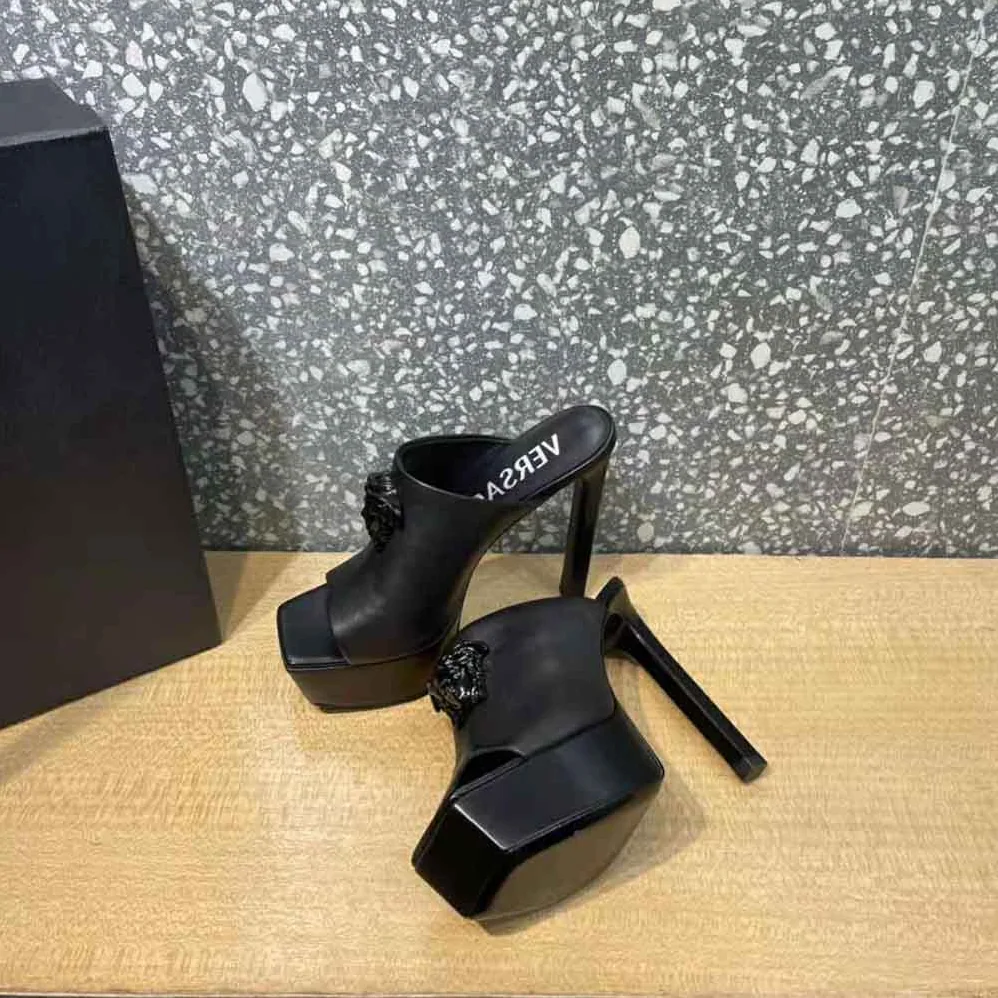 Versace La Medusa Platform Mules in Calf Leather for Women in Black Versace La Medusa Platform Mules in Calf Leather for Women in Black