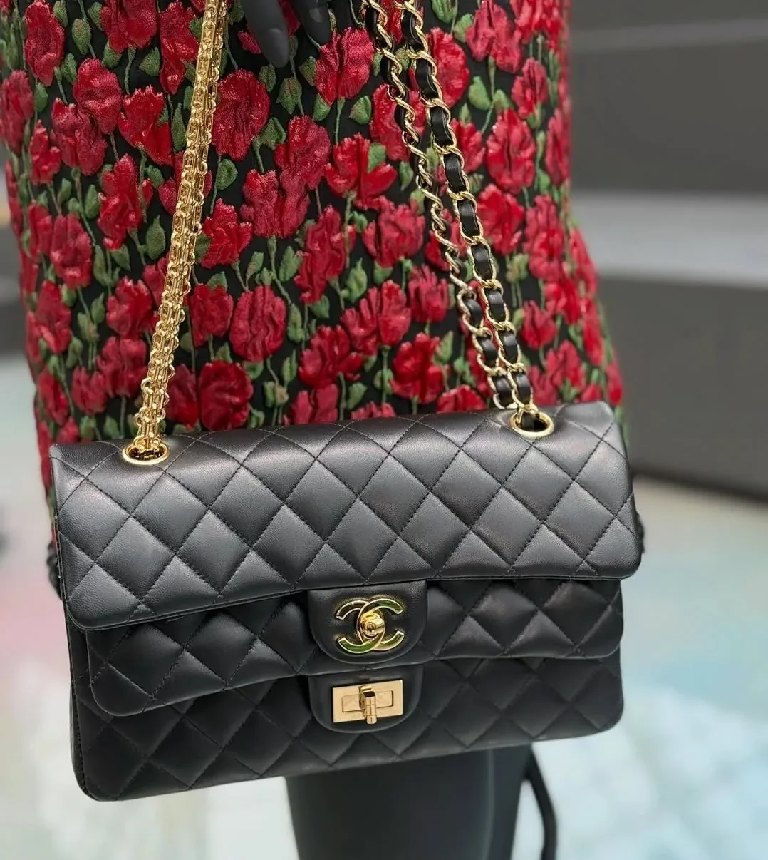 Chanel Layered Classic Flap Bag Crossbody in Black Gold Hardware
