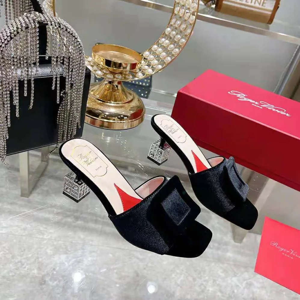 Roger Vivier Cube Strass Heel Mules in Satin for Women in Black Roger Vivier Cube Strass Heel Mules in Satin for Women in Black