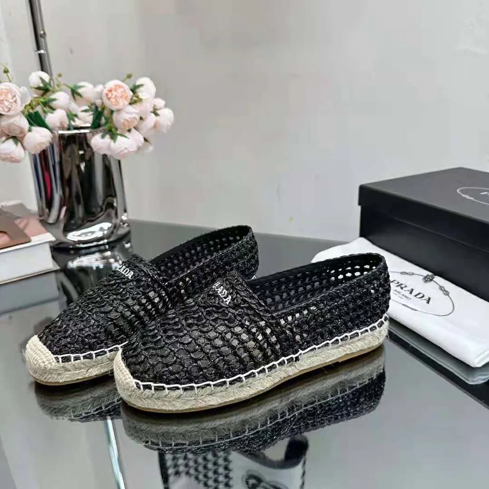 Prada Crochet Espadrilles with Embroidered Logo for Women in Black Prada Crochet Espadrilles with Embroidered Logo for Women in Black