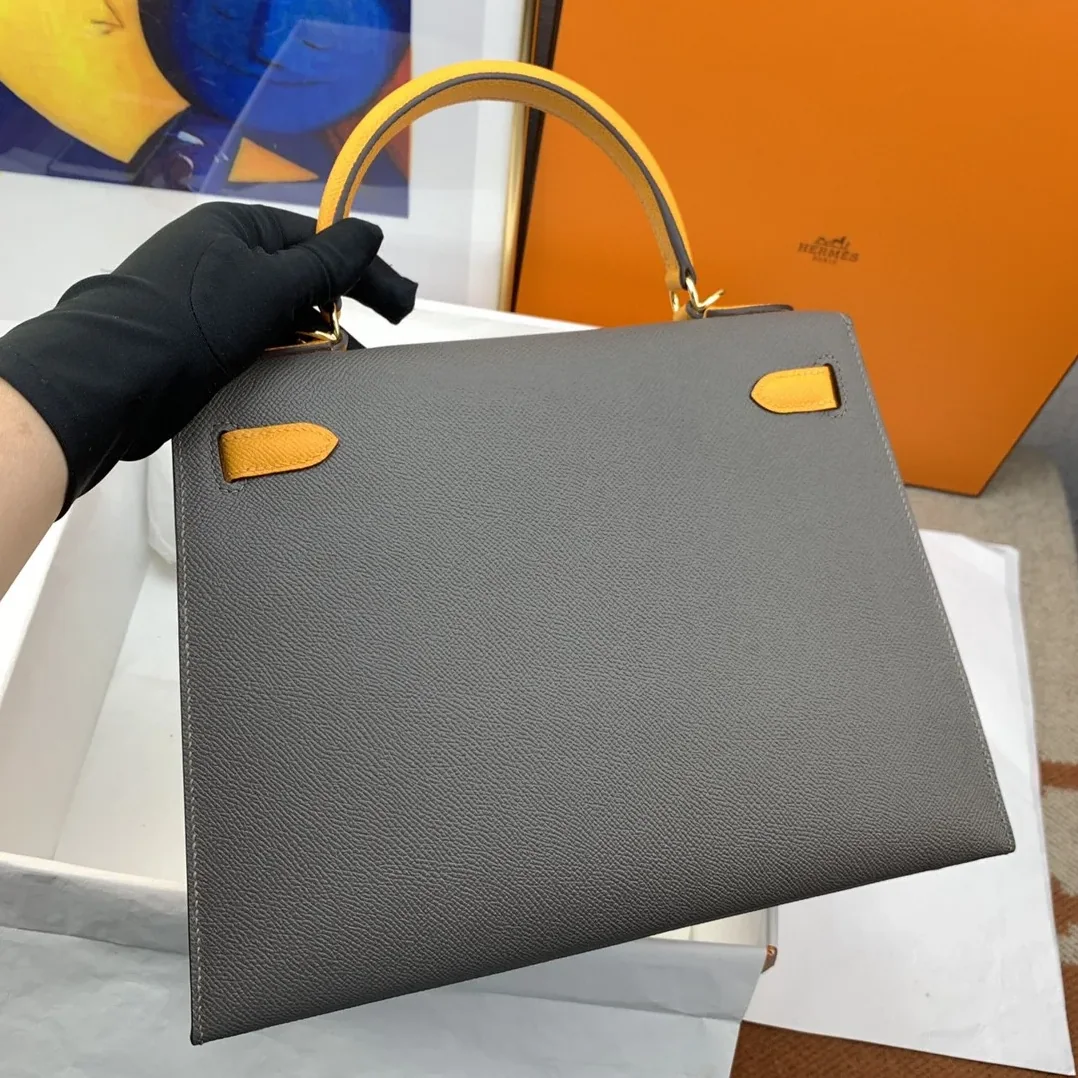 Hermes Kelly 28 Sellier Epsom Dark Grey in Yellow Bag