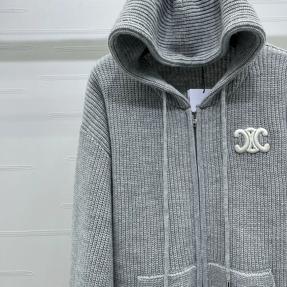 Celine Hooded Cardigan In Ribbed Wool for Women in Grey