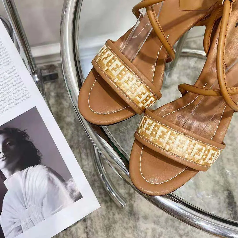 Fendi FF Interlace Brown Leather Sandals for Women