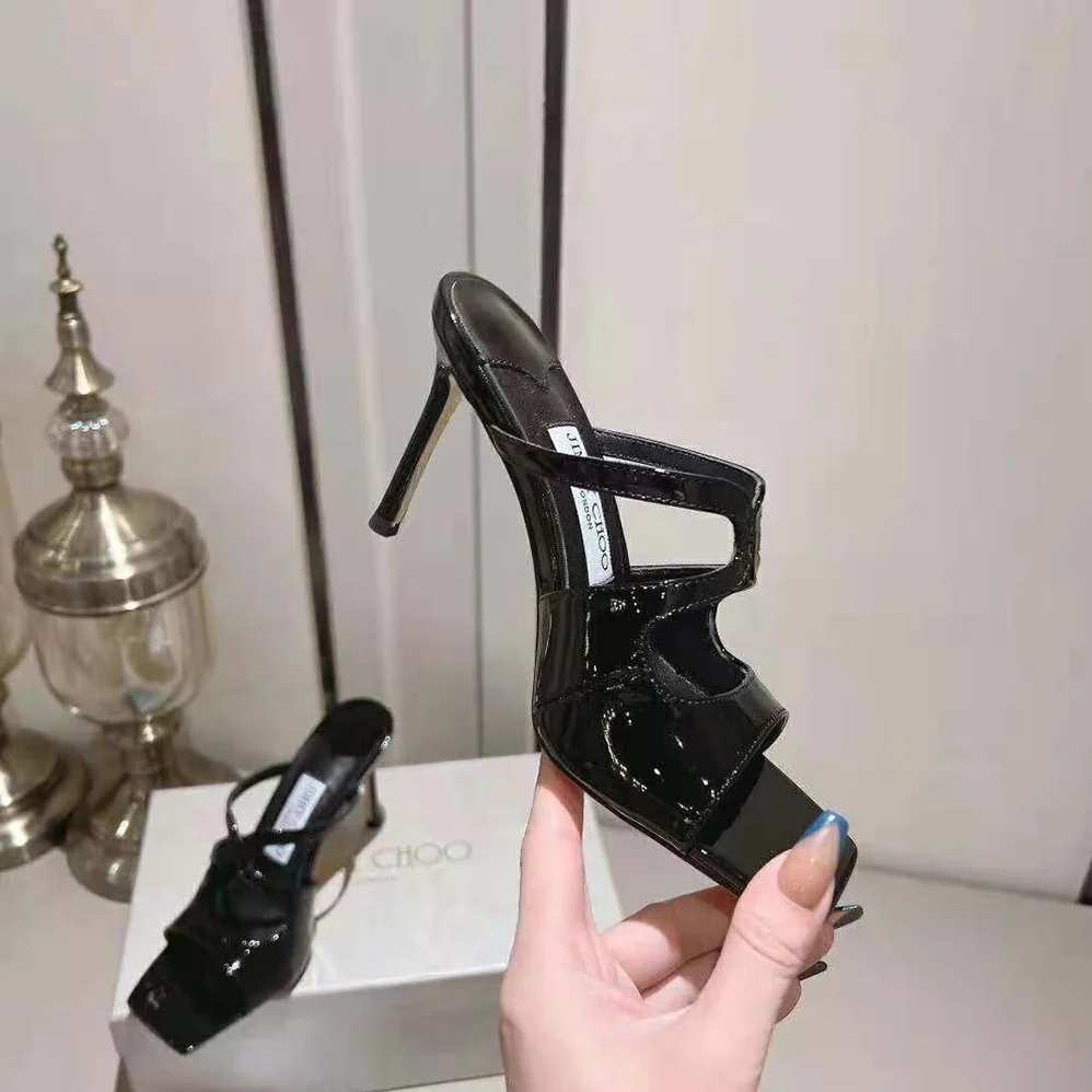 Jimmy Choo Anise 95 Black Patent Leather Mules for Women in Black Jimmy Choo Anise 95 Black Patent Leather Mules for Women in Black