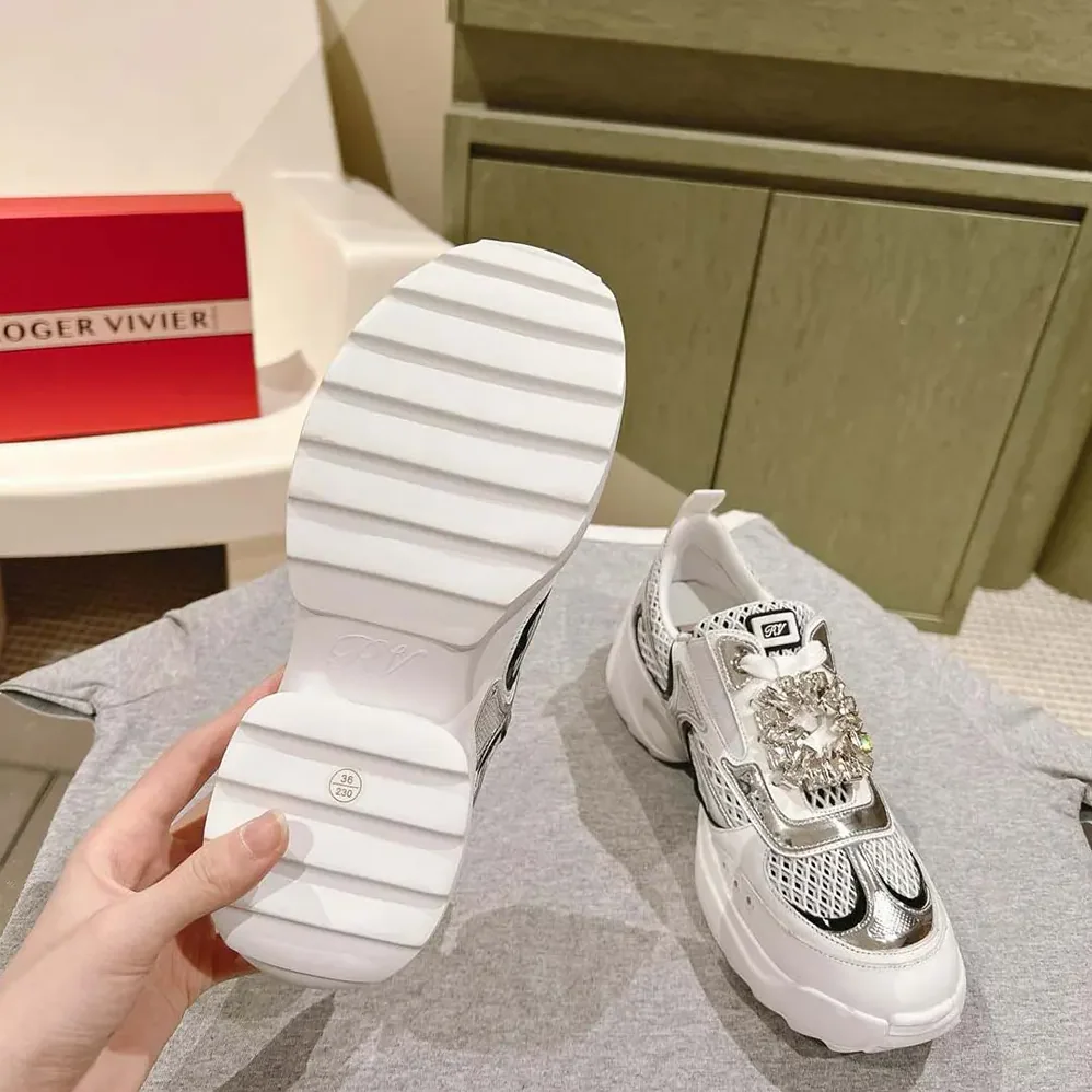Roger Vivier Viv' on the Run Sneakers in Leather and Fabric for Women in White Roger Vivier Viv' on the Run Sneakers in Leather and Fabric for Women in White