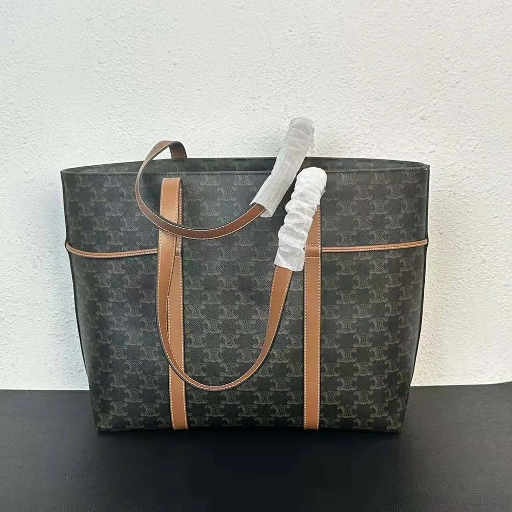 Celine Cabas Drawstring in Triomphe Canvas and Calfskin for Women in Brown