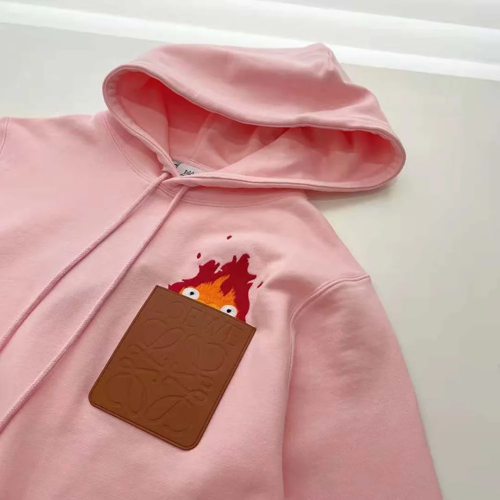 Loewe Calcifer Leather Patch Hoodie in Cotton for Women in Pink Loewe Calcifer Leather Patch Hoodie in Cotton for Women in Pink