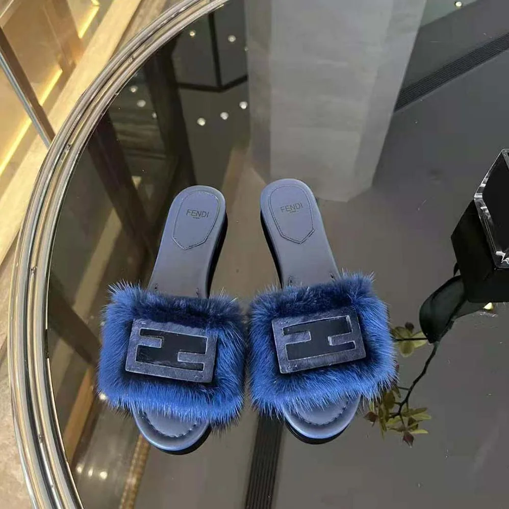Fendi Baguette Blue Mink Slides for Women Fendi Baguette Blue Mink Slides for Women