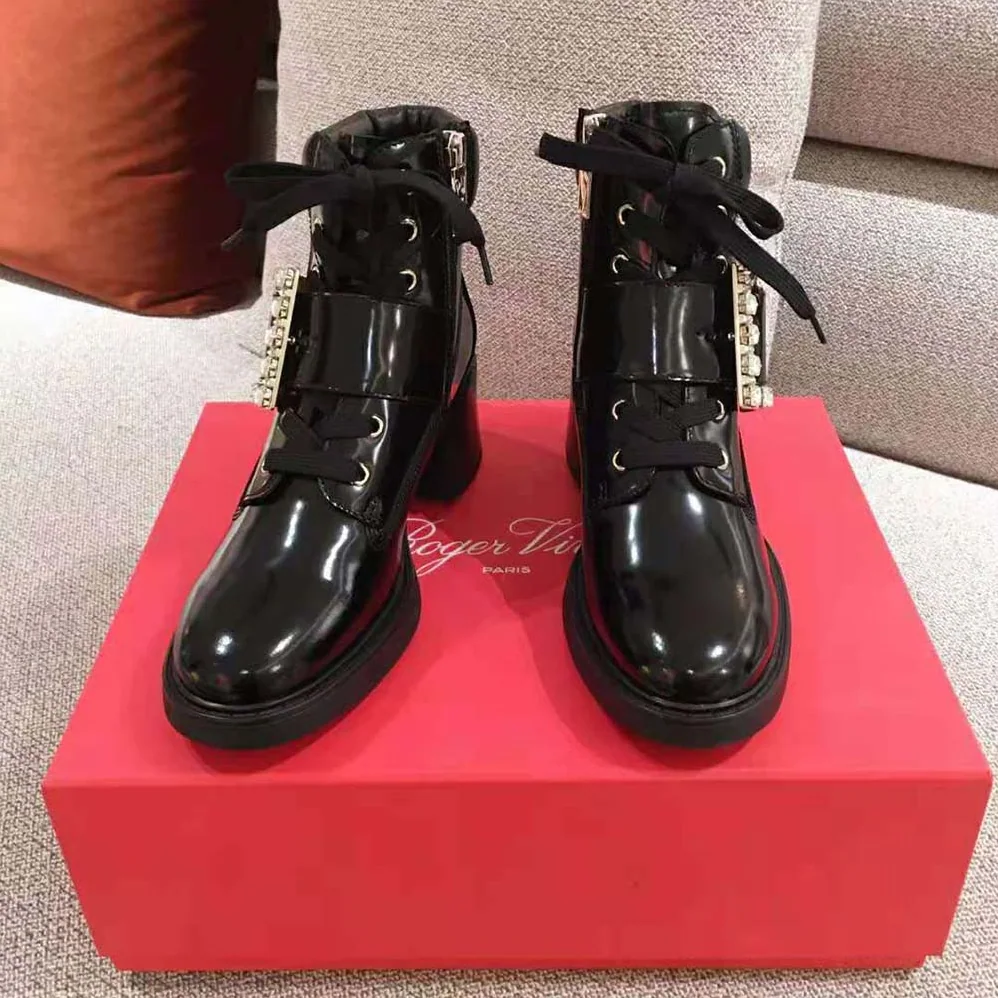 Roger Vivier Viv' Rangers Strass Buckle Ankle Boots in Leather-6cm Heel for Women Roger Vivier Viv' Rangers Strass Buckle Ankle Boots in Leather-6cm Heel for Women