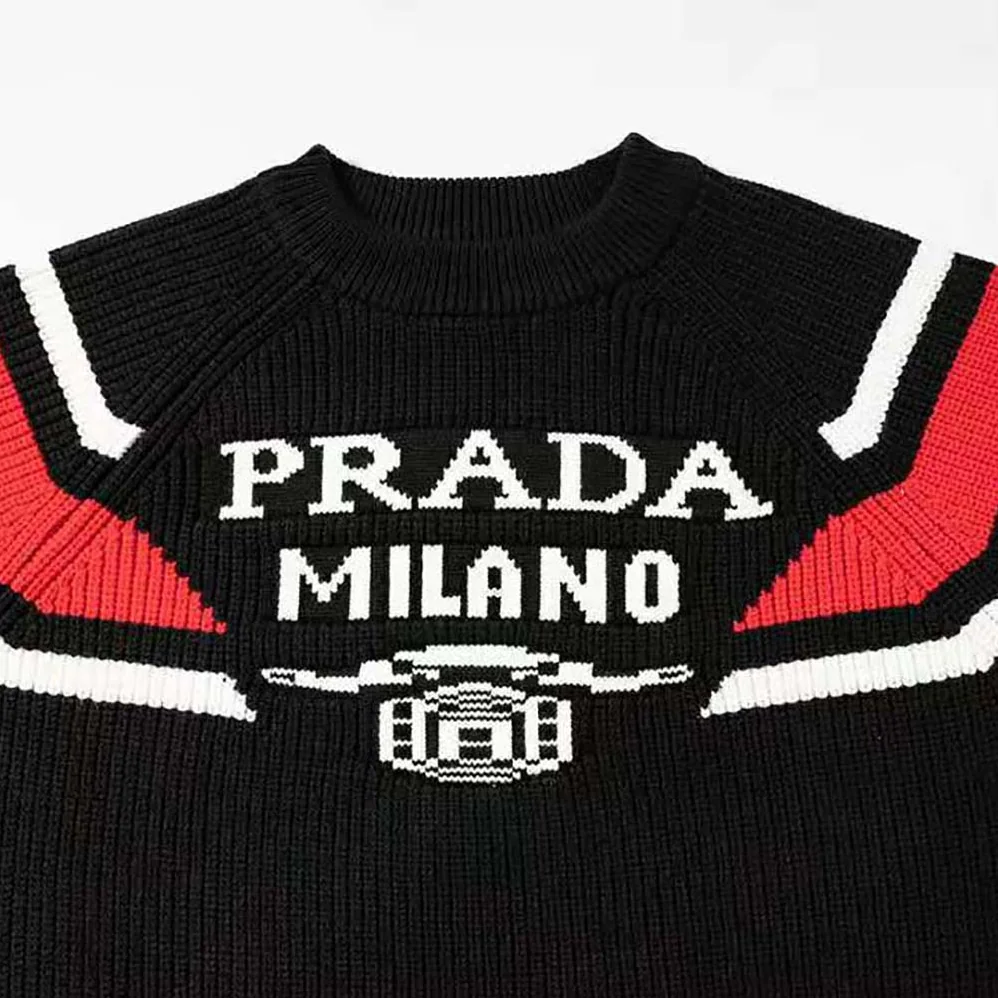 Prada Cashmere Ribbed Knit Sweater with Sleek for Women in Black
