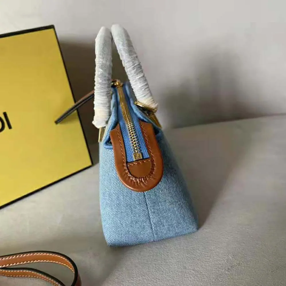 Fendi By The Way Mini Light Blue Denim Small Boston Bag for Women