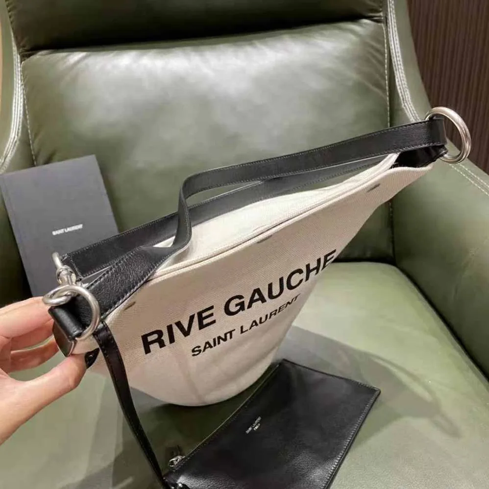 Saint Laurent YSL Rive Gauche Bucket Bag in Linen for Women in Black Saint Laurent YSL Rive Gauche Bucket Bag in Linen for Women in Black