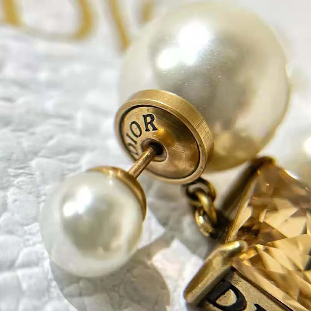 Dior Tribales Earrings Antique Gold-Finish Metal with White Resin Pearls and Citrine for Women