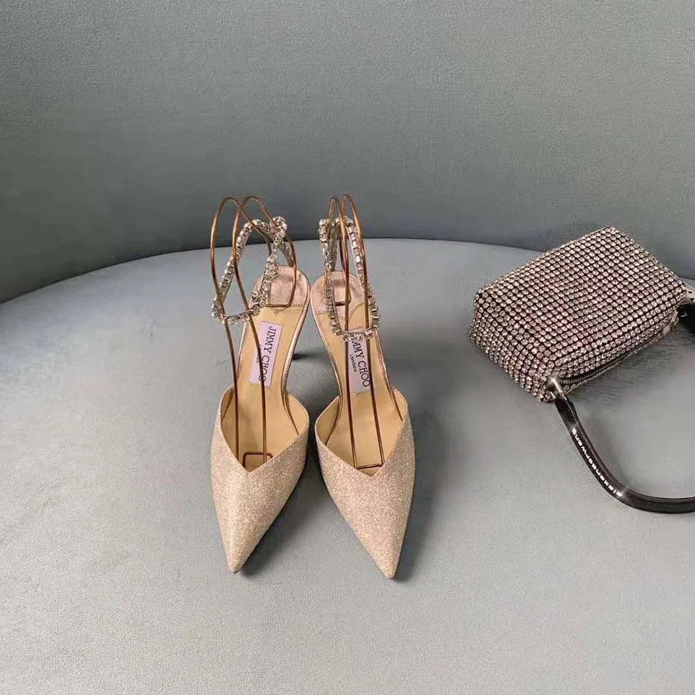 Jimmy Choo Saeda 100 Platinum Ice Dusty Glitter Pumps with Crystal Embellishment for Women Jimmy Choo Saeda 100 Platinum Ice Dusty Glitter Pumps with Crystal Embellishment for Women