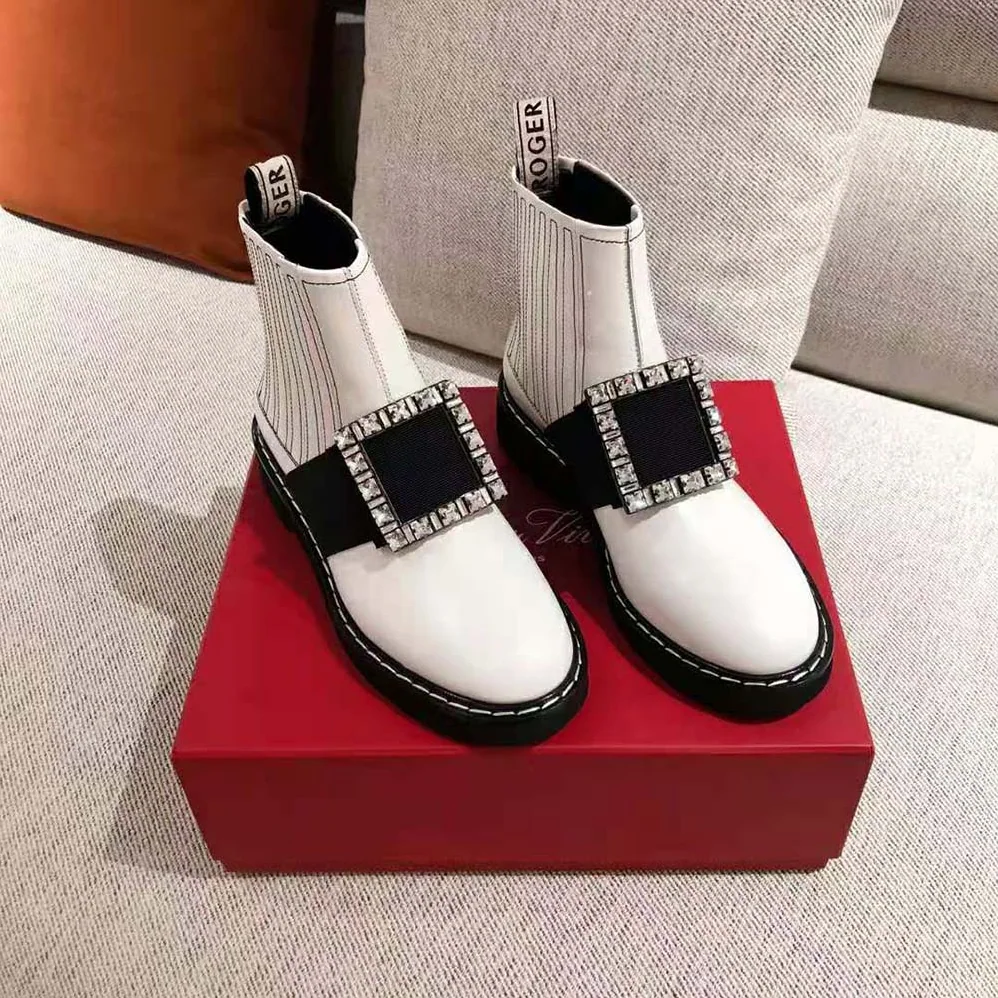 Roger Vivier Viv' Rangers Stitch Strass Buckle Booties in Leather for Women in White Roger Vivier Viv' Rangers Stitch Strass Buckle Booties in Leather for Women in White