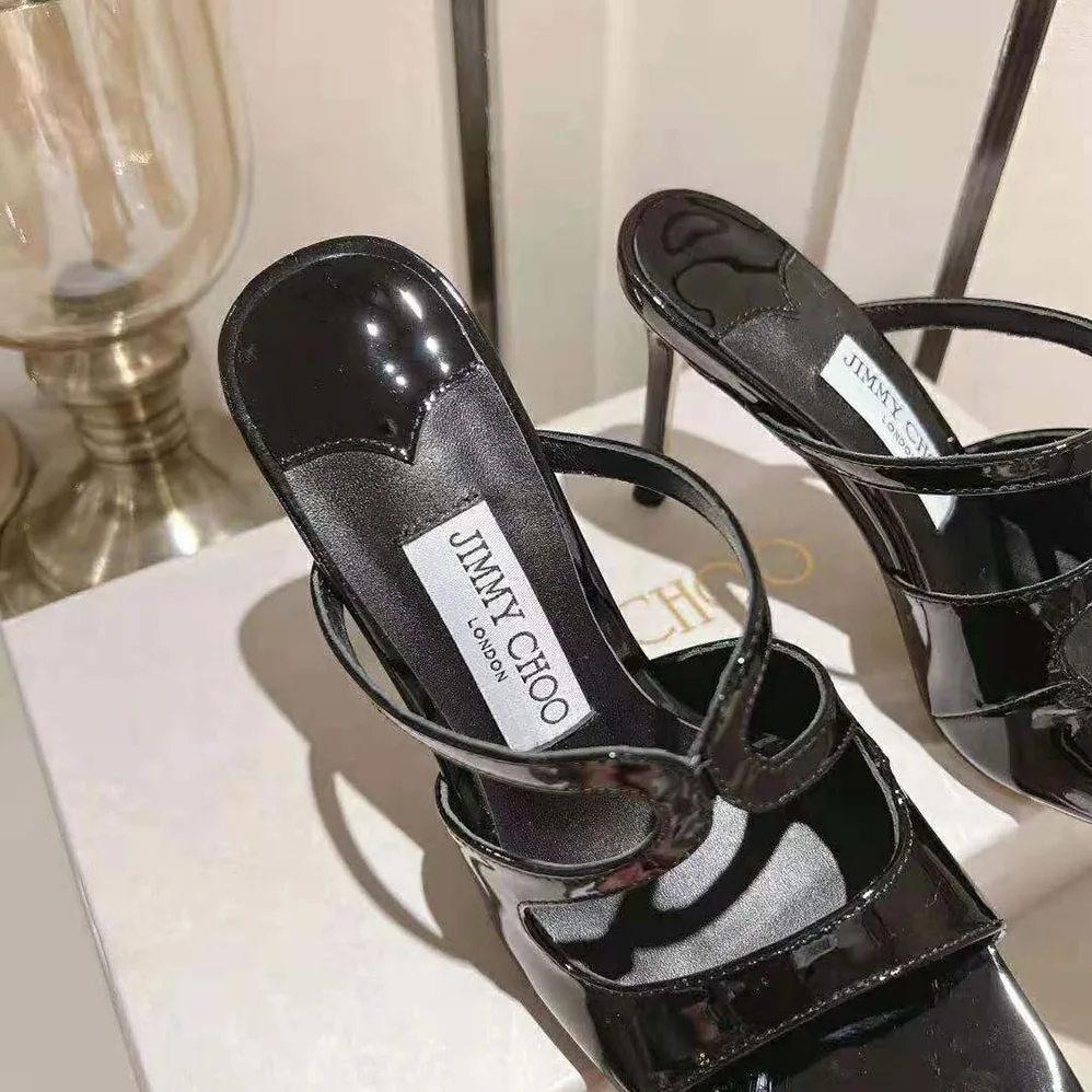 Jimmy Choo Anise 95 Black Patent Leather Mules for Women in Black Jimmy Choo Anise 95 Black Patent Leather Mules for Women in Black