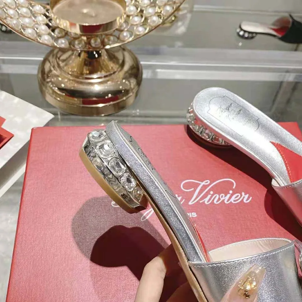 Roger Vivier Strass Heel Covered Buckle Mules in Satin for Women in Silver