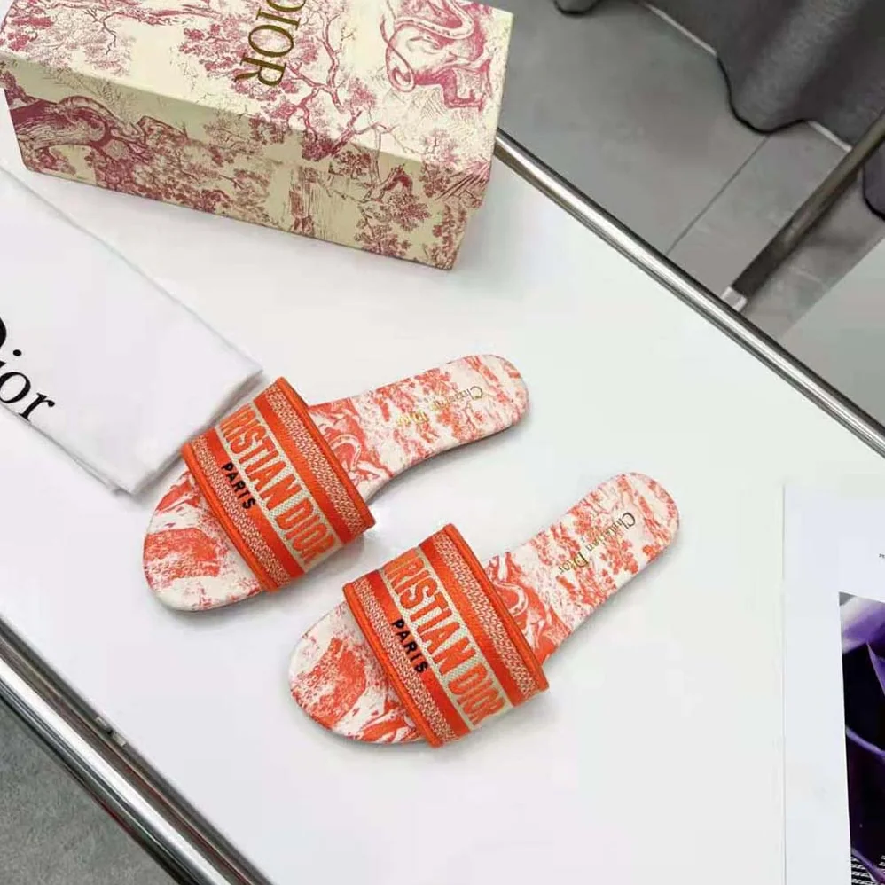Dior Dway Slide Bright Orange Toile De Jouy Embroidered Cotton for Women
