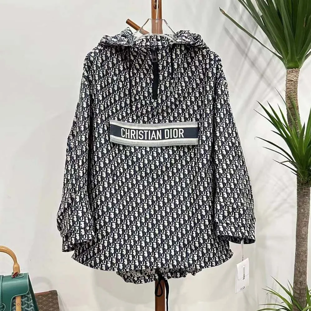Dior Hooded Anorak Blue and Ecru Technical Taffeta Jacquard with Dior Oblique Motif for Women