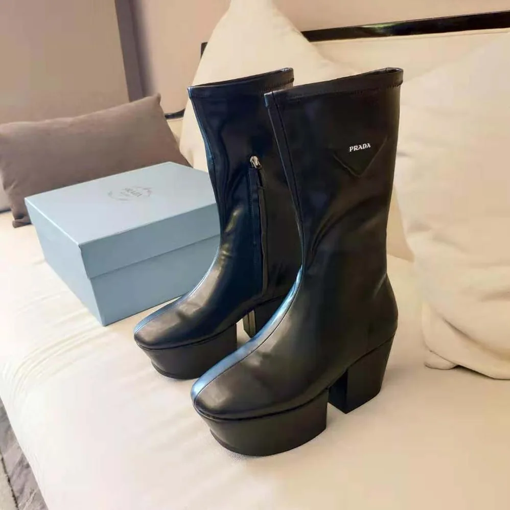 Prada Technical Nappa Leather Platform Boots for Women in Black Prada Technical Nappa Leather Platform Boots for Women in Black