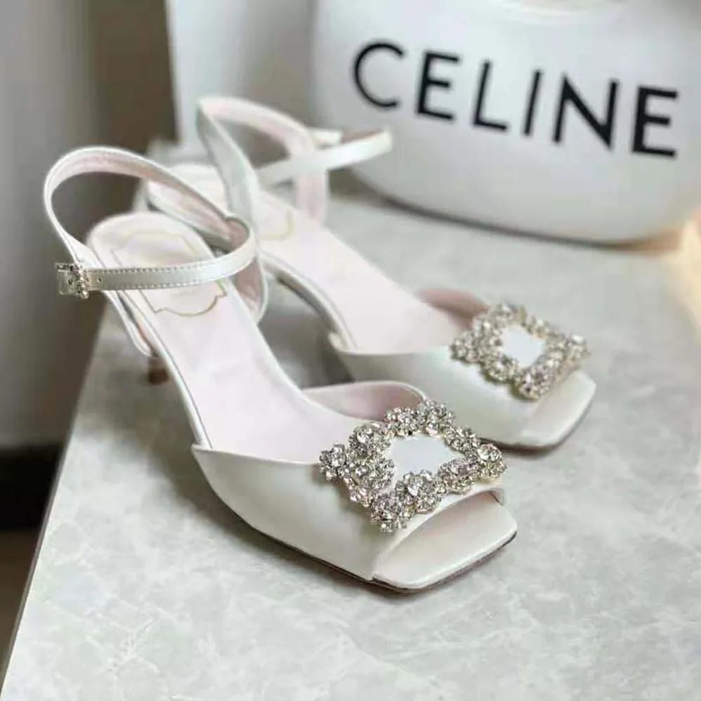 Roger Vivier Flower Strass Buckle Sandals in Satin for Women in White Roger Vivier Flower Strass Buckle Sandals in Satin for Women in White