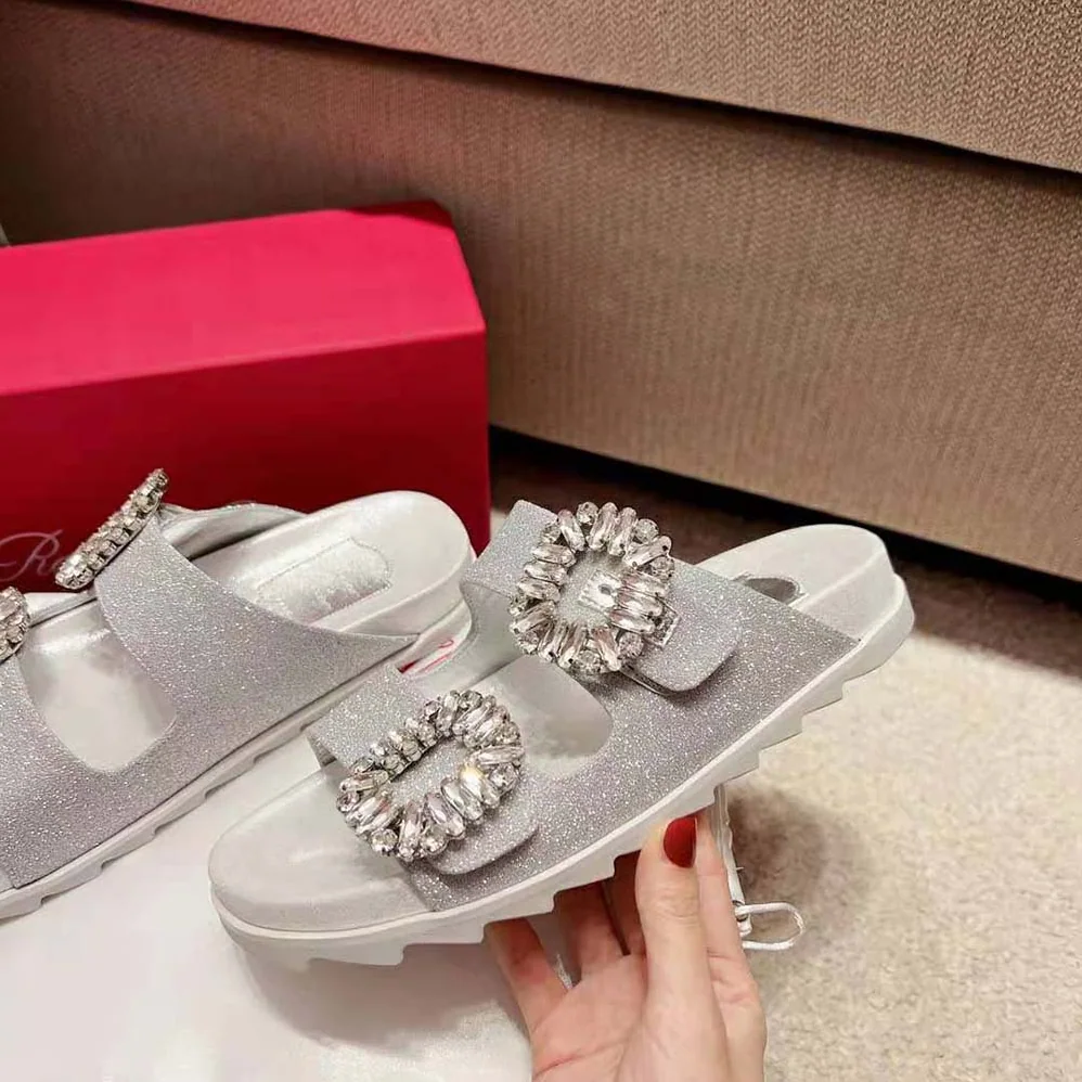 Roger Vivier Slidy Viv Strass Buckle Sandals in Fabric for Women in Gray Roger Vivier Slidy Viv Strass Buckle Sandals in Fabric for Women in Gray