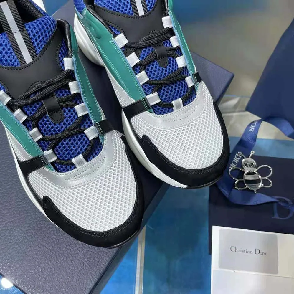 Dior B22 Sneaker White and Blue Technical Mesh with Deep Green and Black Smooth Calfskin for Men