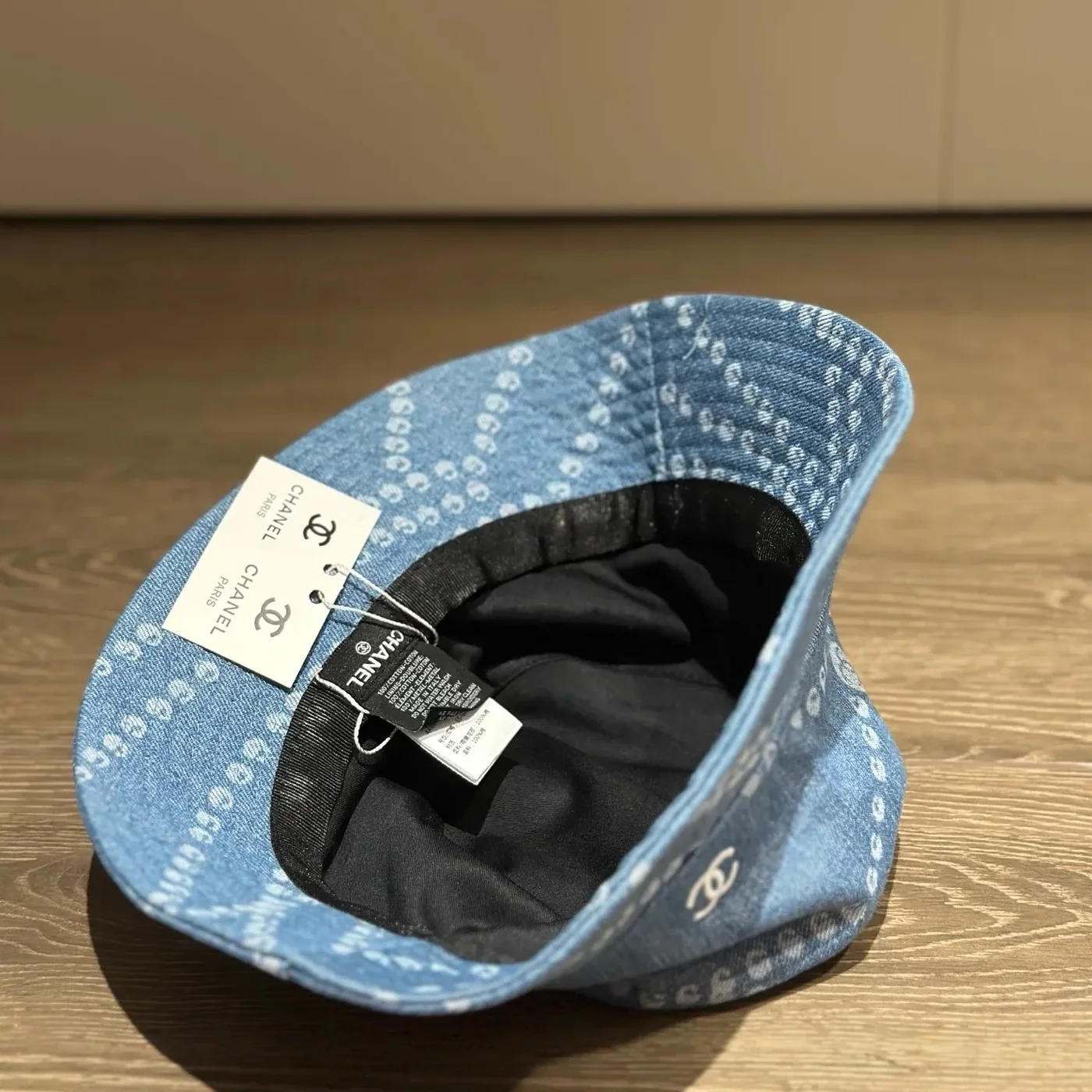 Chanel Pearl Print Bucket Hat Blue Denim Chanel Pearl Print Bucket Hat Blue Denim