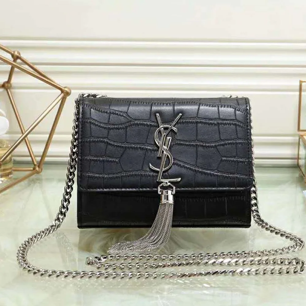 Saint Laurent YSL Kate Tassel Chain Wallet Crocodile Embossed for Women in Black Saint Laurent YSL Kate Tassel Chain Wallet Crocodile Embossed for Women in Black