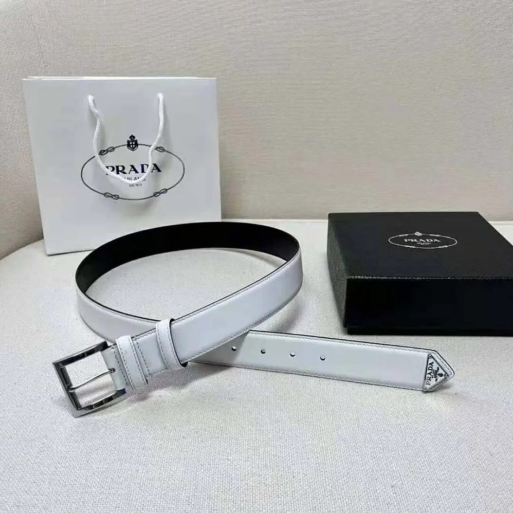 Prada Leather Belt with Enameled-Metal Triangle Logo for Women in White